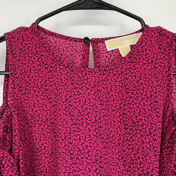 Michael Kors Top Pink Black Butterfly Print Cold Shoulder Ruffle - Picture 2 of 9